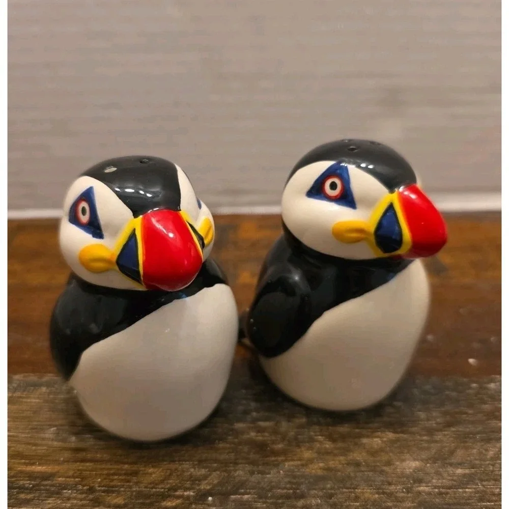 Hand Painted Ceramic Puffin Salt & Pepper Shaker Set Nautical Coastal Birds